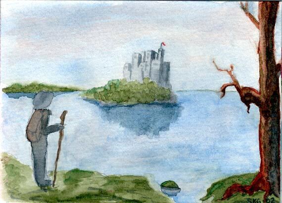 An aquarelle painting of a wanderer staring at a castle on an island.