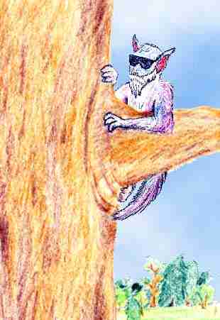 A fantasy creature wearing sunglasses in a tree.