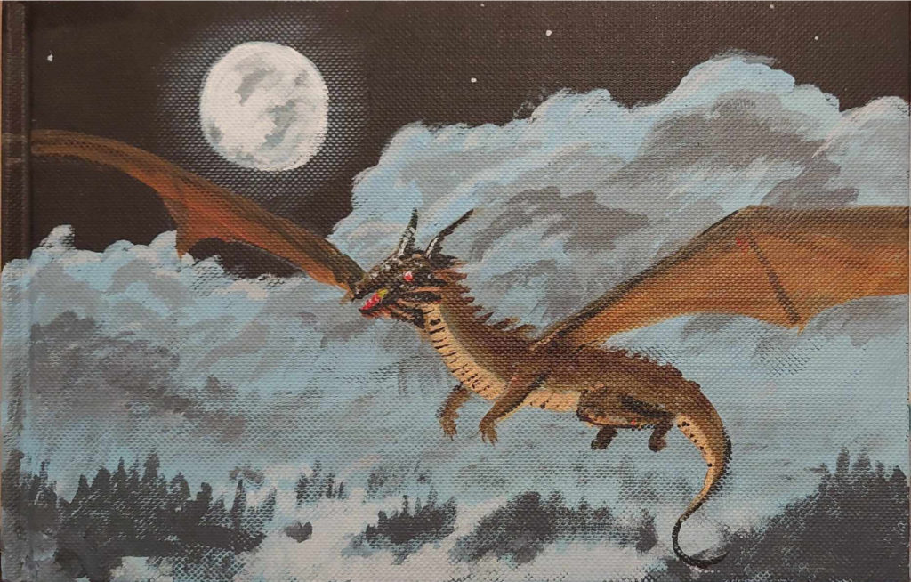A flying dragon in the moonlight