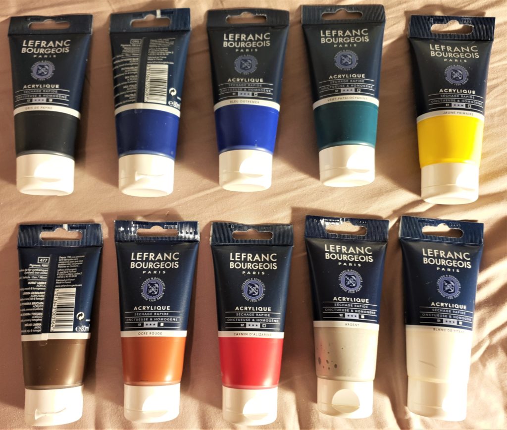 Ten different colours of Lefranc Burgois acrylic paint